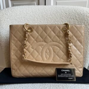 Chanel Beige Caviar Grand Shopper Tote gold hardware