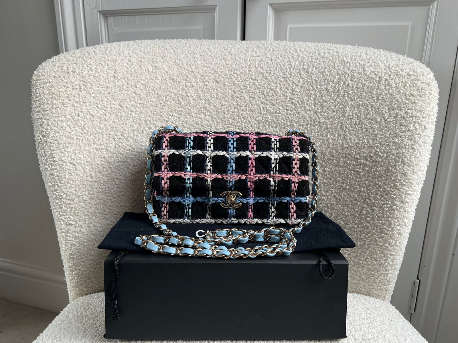 Chanel Classic Quilted Rectangular Mini Flap Bag in Multi Coloured Boucle Tweed and Champagne Gold Hardware