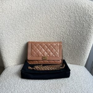 Chanel Dark Beige Quilted Caviar Boy Wallet on Chain