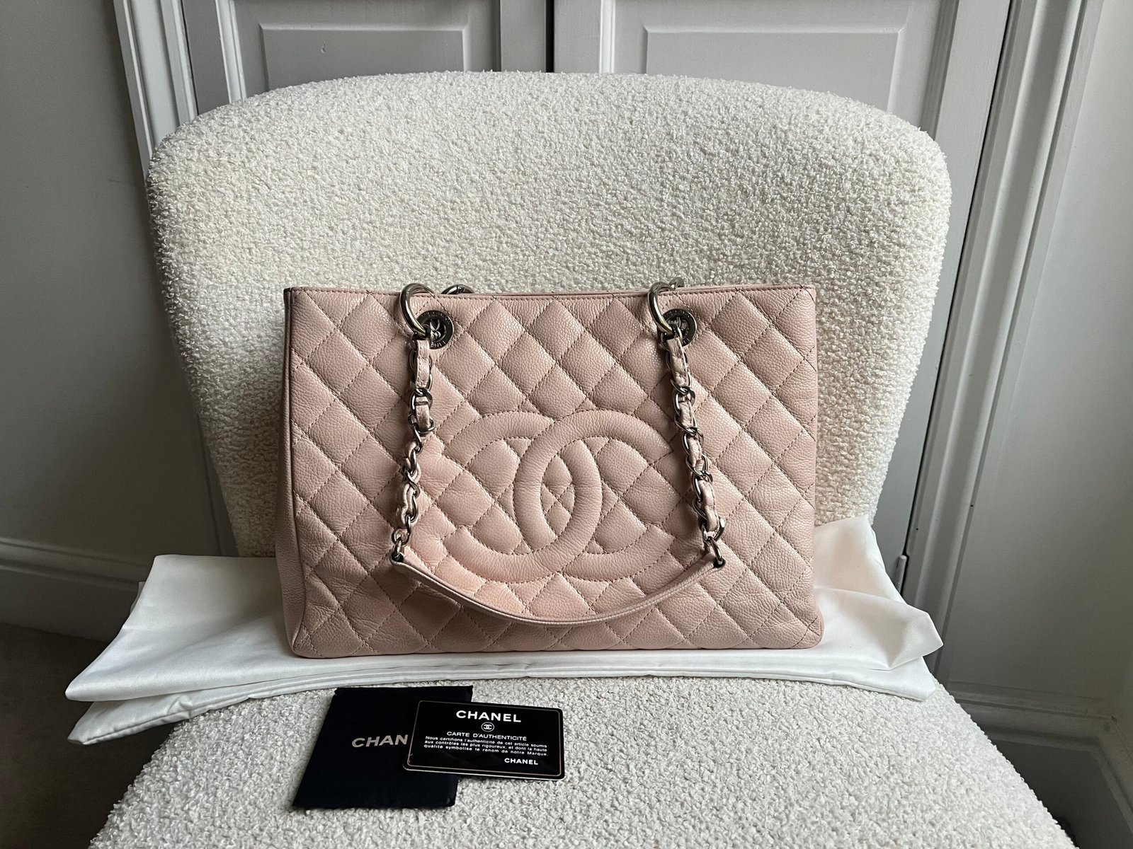 Chanel Light Pink Caviar Grand Shopper Tote with silver hardware (GST)