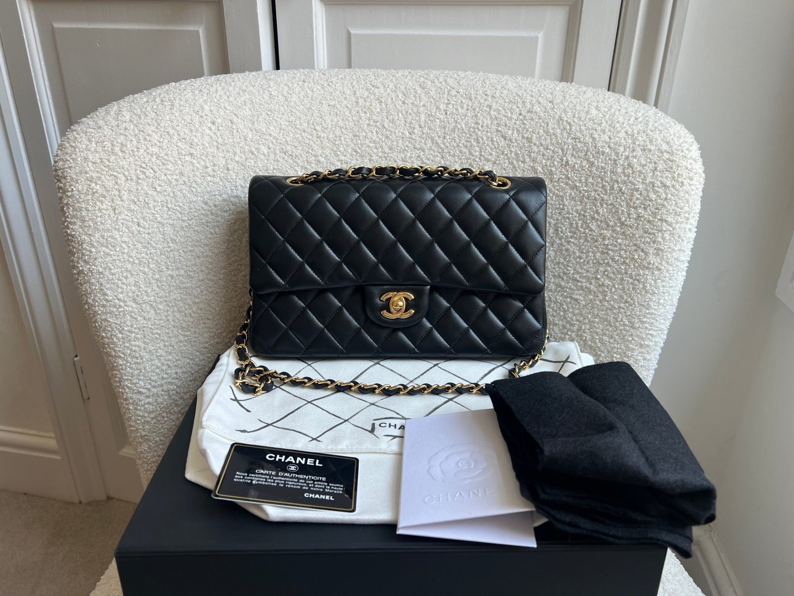 Chanel Medium Classic Flap in Black Lambskin Gold hardware
