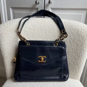 Chanel Vintage Navy Lambskin Chain Tote with 24k Gold Hardware